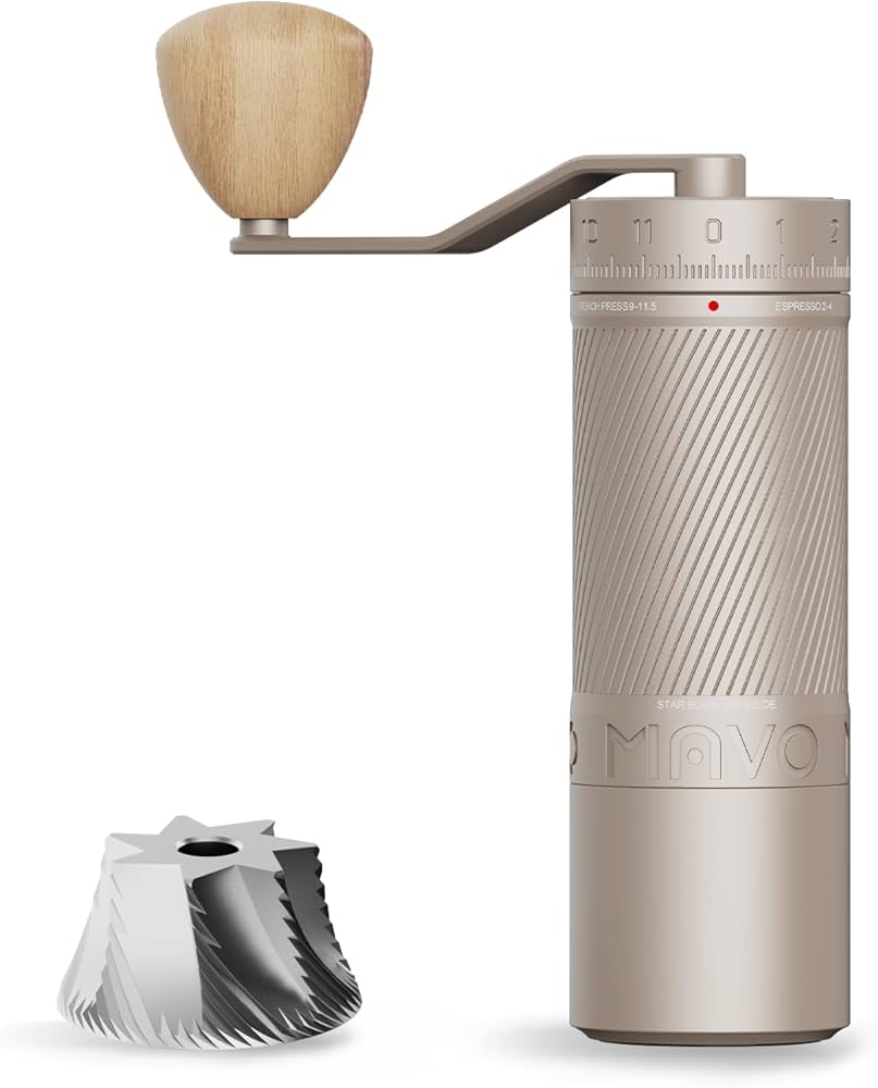 Manual coffee grinder with visible burrs